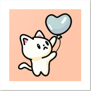 Cute Cat Holding Heart Shaped Blue Balloon Posters and Art